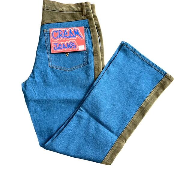 Nwt deadstock vintage flare cream brand denim and suede jeans - Picture 3 of 8